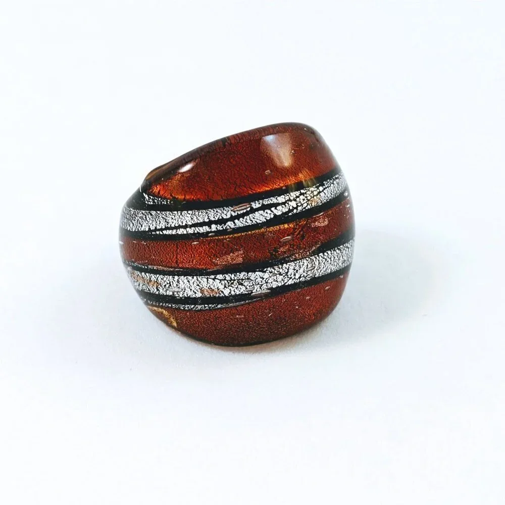 Vintage Brown Silver & Black Stripes Art Glass Domed Shimmery Wide Chunky Ring